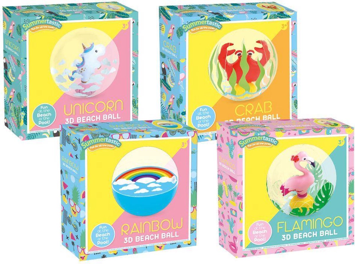 Set met 4 strandballen: Unicorn, Flamingo, Regenboog en Krab | Beach ball set|   opblaasbaar | Strandspeelgoed | Opblaasbaar zwembadspeelgoed | Inflatable beach ball | Bal |   | Strand | Unicorn speelgoed
